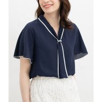 Honeys/ハニーズ Honeys 配色ボウタイブラウス トップス ブラウス 半袖 大きいサイズ オフィス きれいめ ボウタイブラウス ボウタイ 配色 無地 ドット柄 レデ/508266009