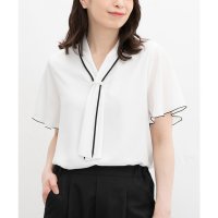 Honeys/ハニーズ Honeys 配色ボウタイブラウス トップス ブラウス 半袖 大きいサイズ オフィス きれいめ ボウタイブラウス ボウタイ 配色 無地 ドット柄 レデ/508266009
